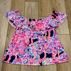 LILLY PULITZER | La Fortuna Off The Shoulder Flounce Top Flamingo Pattern Large